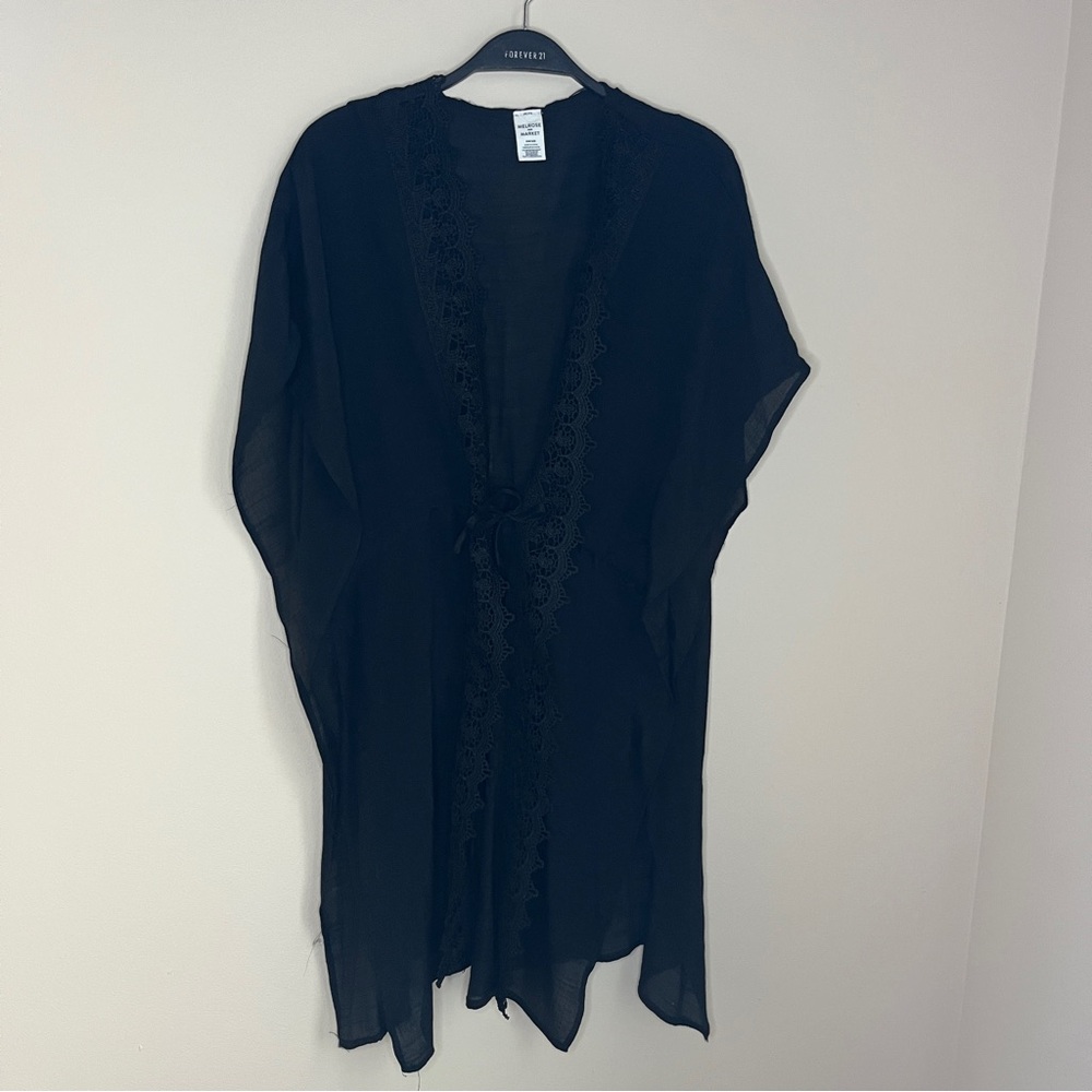 Melrose & Market one size women’s black sheer swimsuit cover up lace tie kimono